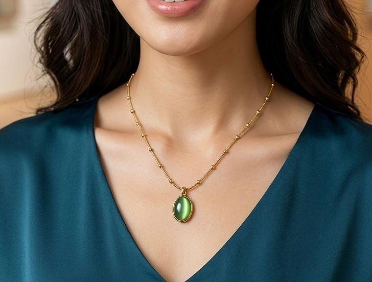 Gold Chain Necklace with Green ovel Pendant