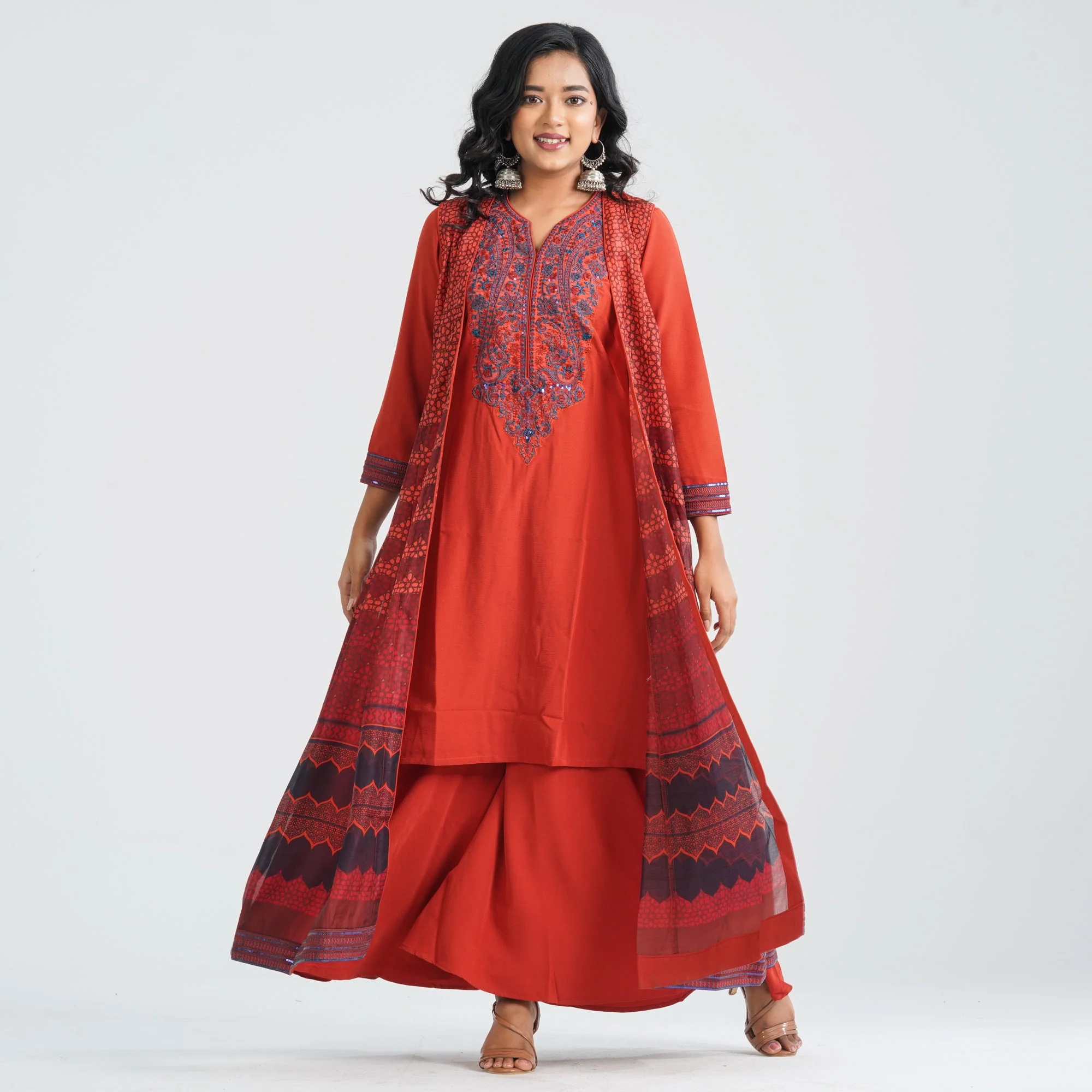 Red Embroidered Kurti Set