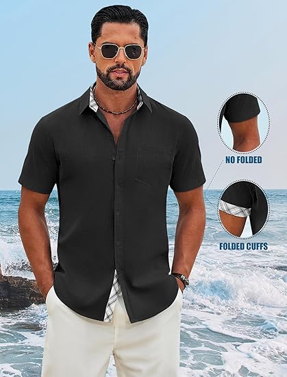 COOFANDY Men's Button Down Shirts Short Sleeve Casual Cotton Shirts Summer Beach Wedding Shirt with Pocket