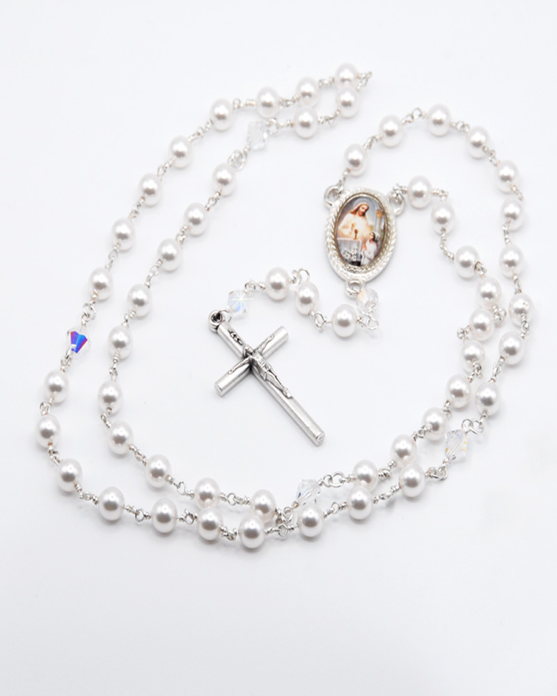 First Communion Rosary Pearl and Crystal