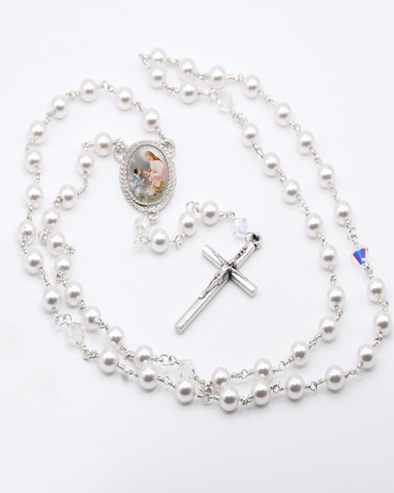 First Communion Rosary Pearl and Crystal
