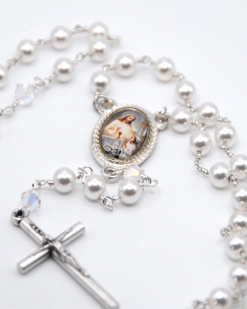 First Communion Rosary Pearl and Crystal