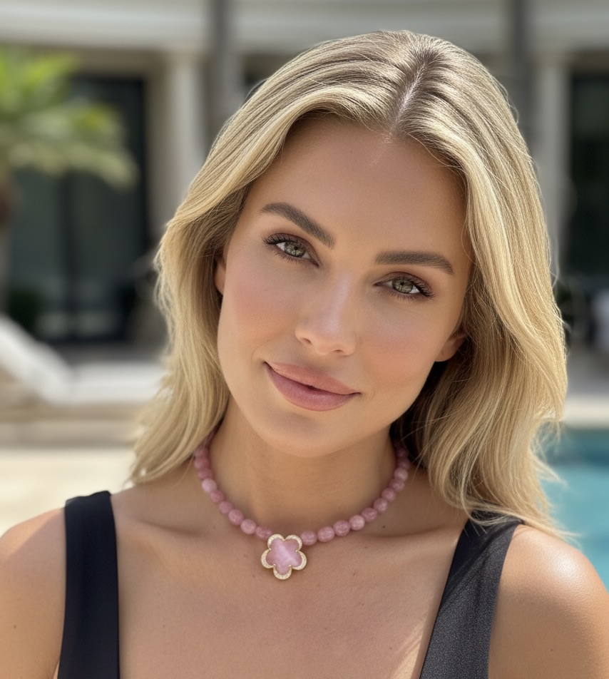 Collana di agate rosa con fiore cangiante 