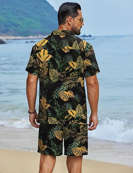 COOFANDY Men's Hawaiian Matching Set Summer Beach 2 Piece Outfits Flower Button Down Shirts and Shorts Vacation Outfits