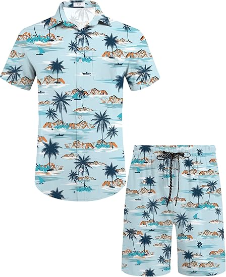 KYKU Mens Hawaiian Shirt and Short Set - Summer Short Sleeve Button Down Beach Shirts Tropical Vacation 2 Piece Outfits