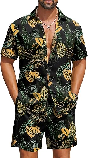 COOFANDY Men's Hawaiian Matching Set Summer Beach 2 Piece Outfits Flower Button Down Shirts and Shorts Vacation Outfits