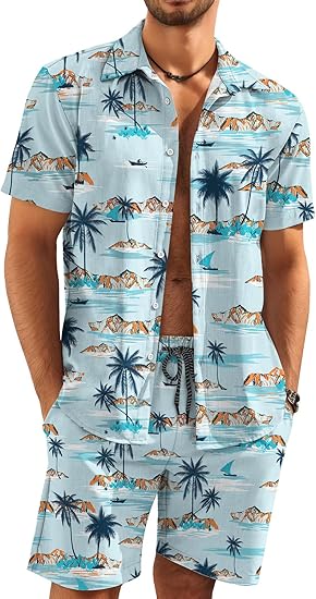 KYKU Mens Hawaiian Shirt and Short Set - Summer Short Sleeve Button Down Beach Shirts Tropical Vacation 2 Piece Outfits