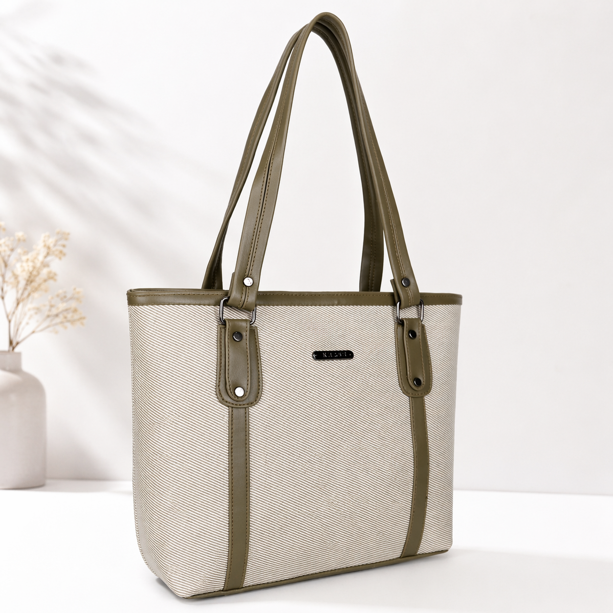 Classic Beige With Green Tote Bag