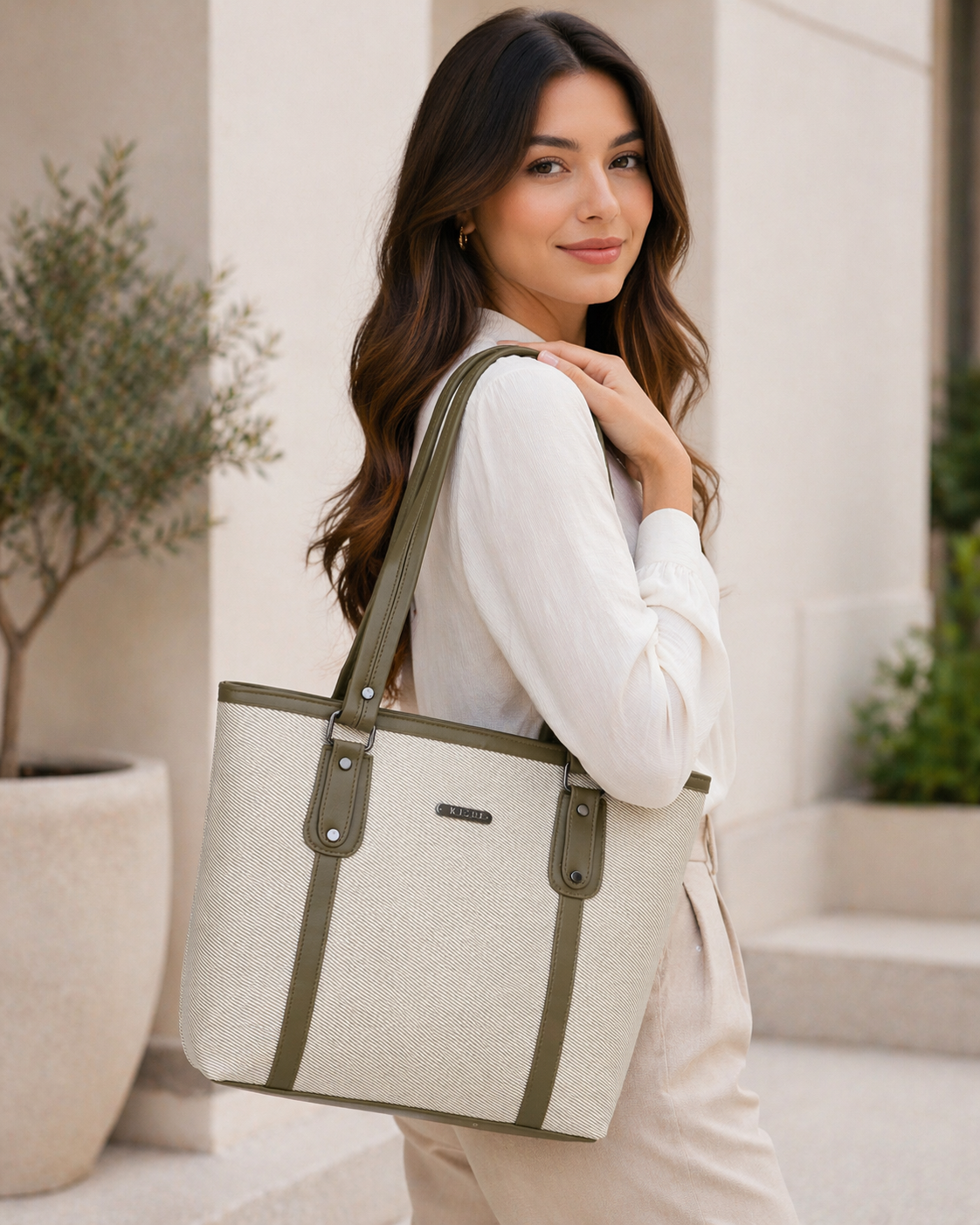 Classic Beige With Green Tote Bag