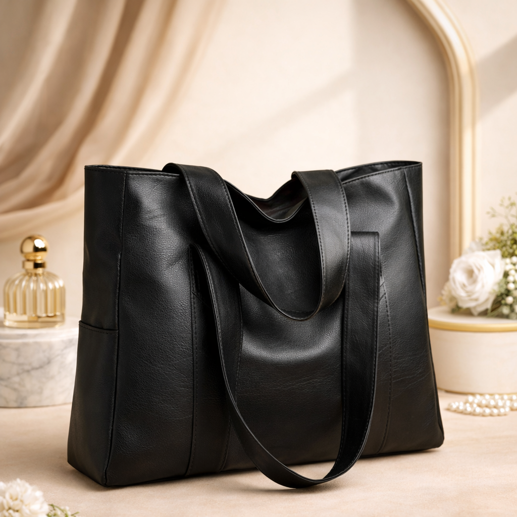 Classic Black Leather Tote Bag