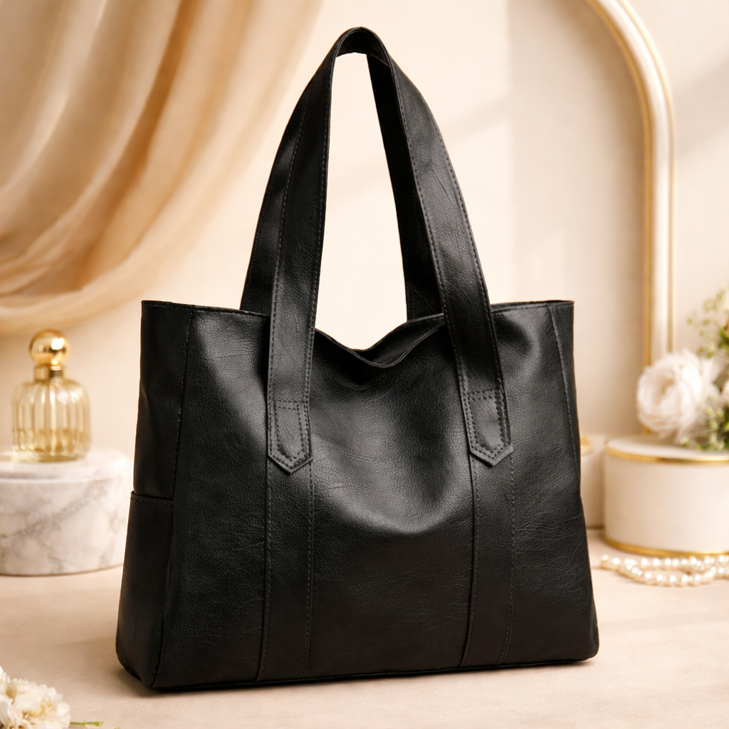 Classic Black Leather Tote Bag