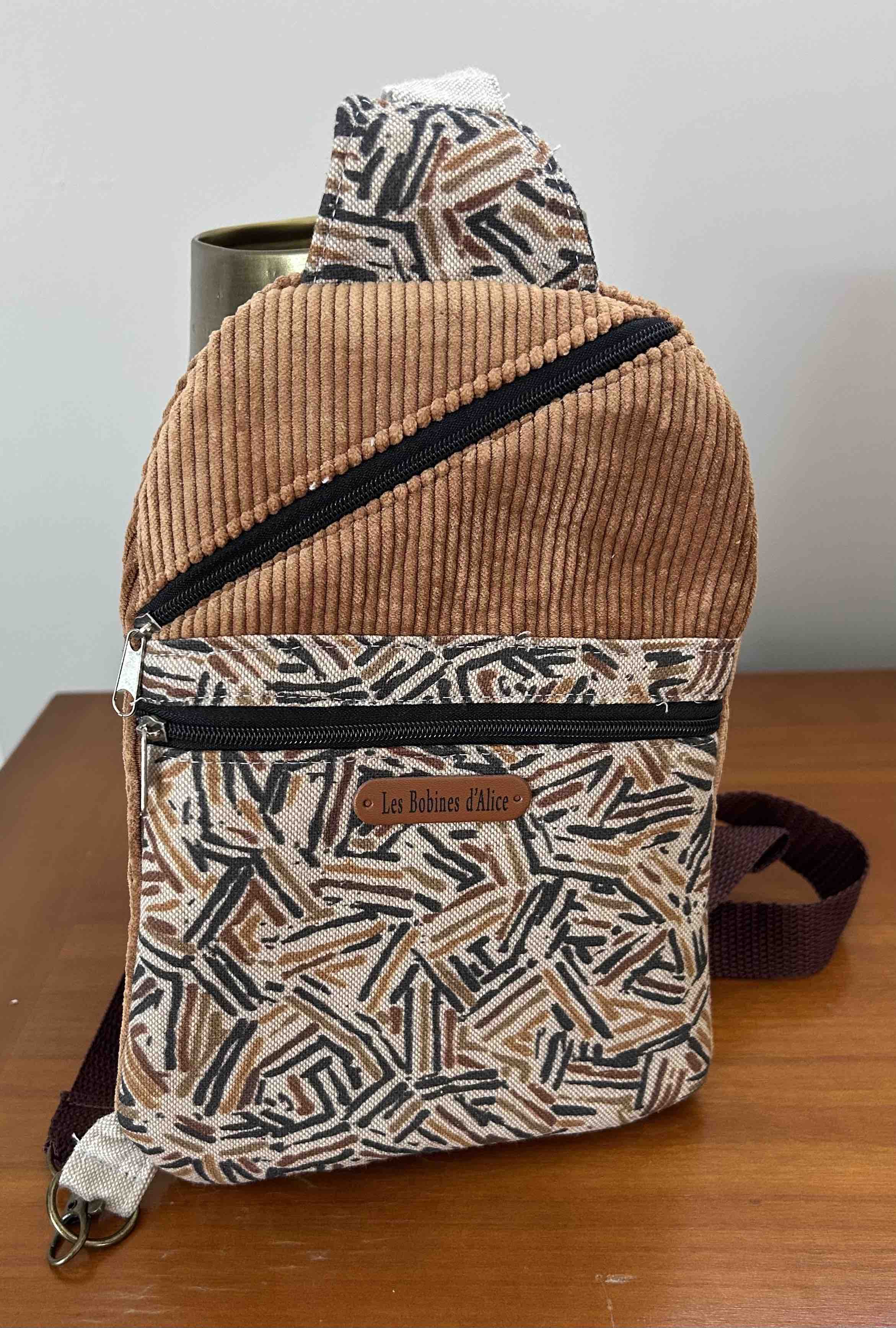 Sac anti-vol velours côtelé et tissu imprimé