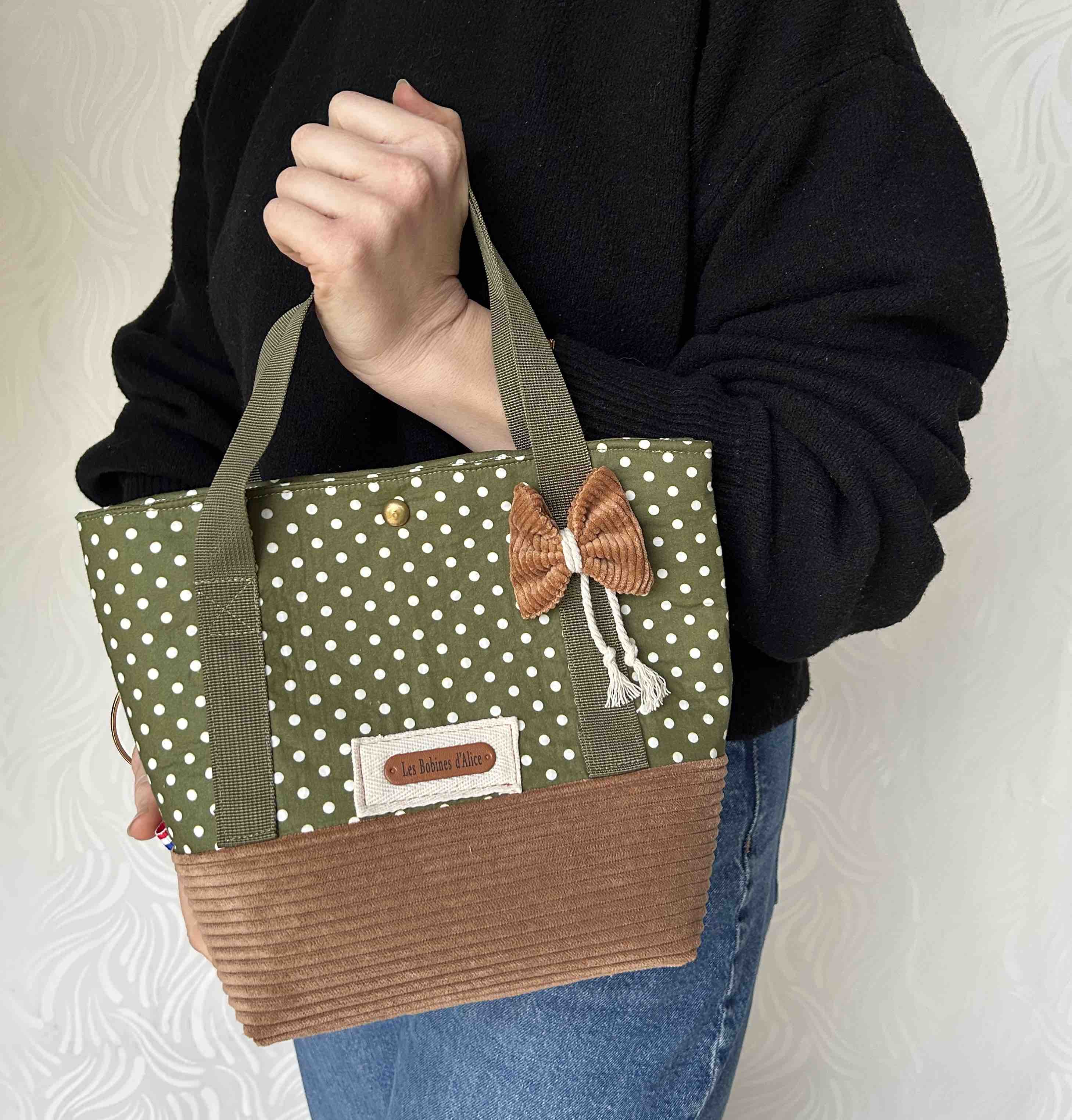 Sac cabas kaki à pois blancs