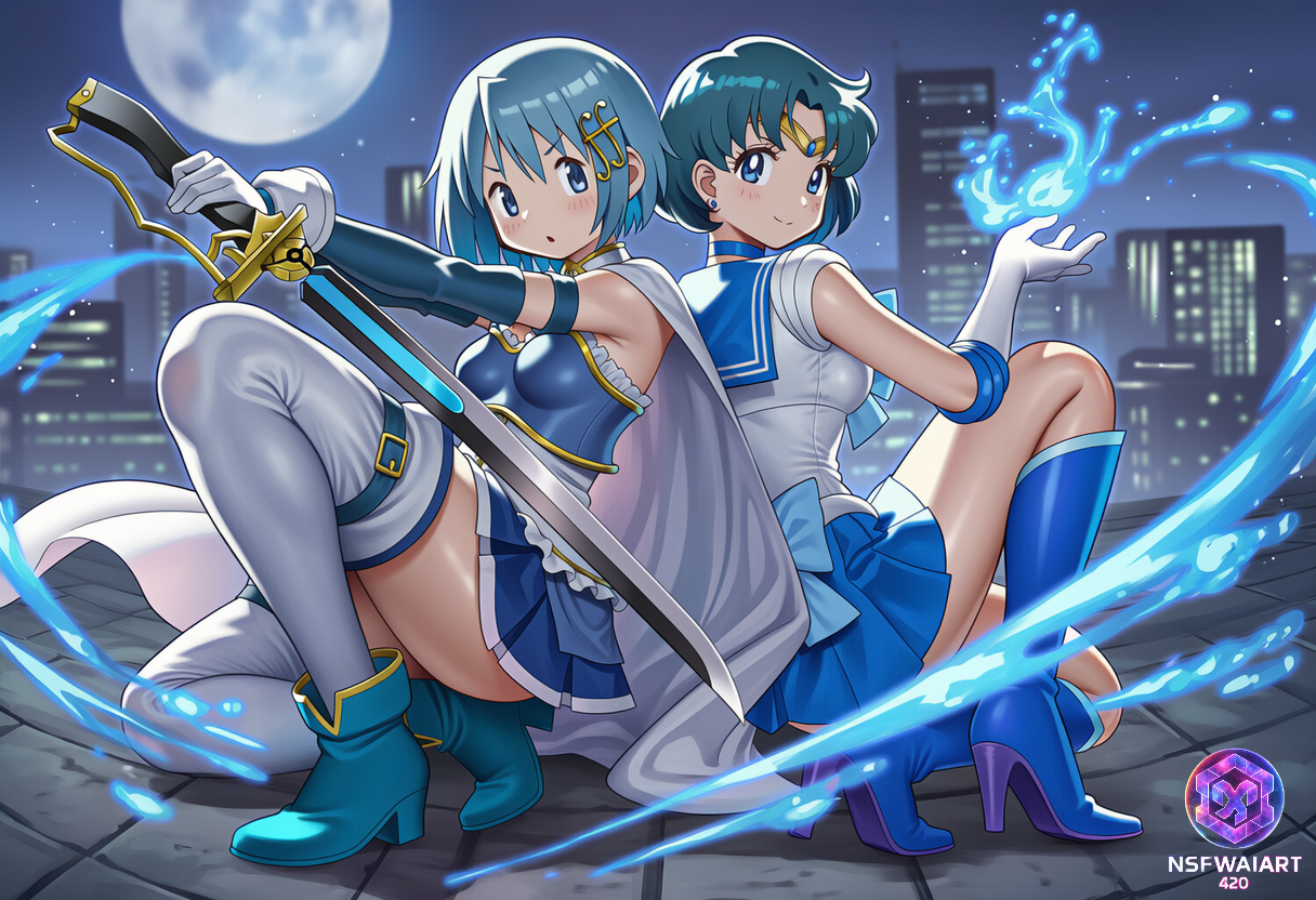 Aqua Duo Digital Art Print-Miki Sayaka and Ami Mizuno- So you think your a magical girl?