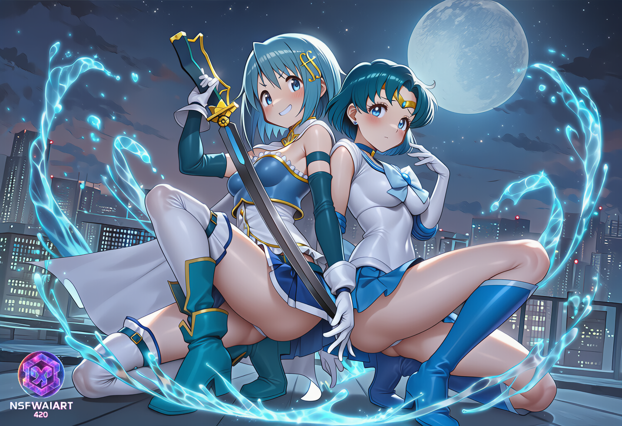 Aqua Duo Digital Art Print-Miki Sayaka and Ami Mizuno- So you think your a magical girl?