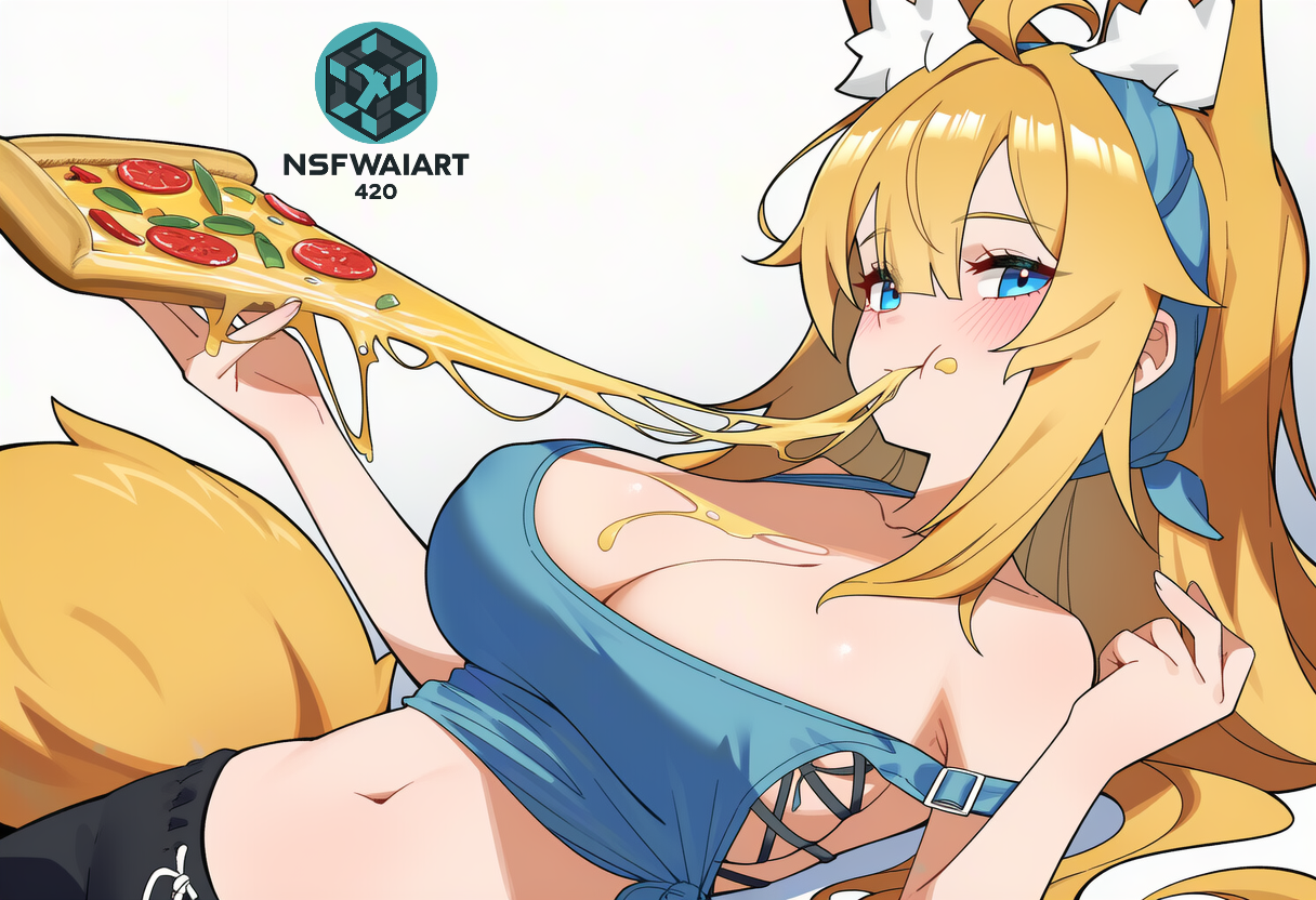 Seductive Catgirl Eating Pizza Digital Art- Pizza anyone?