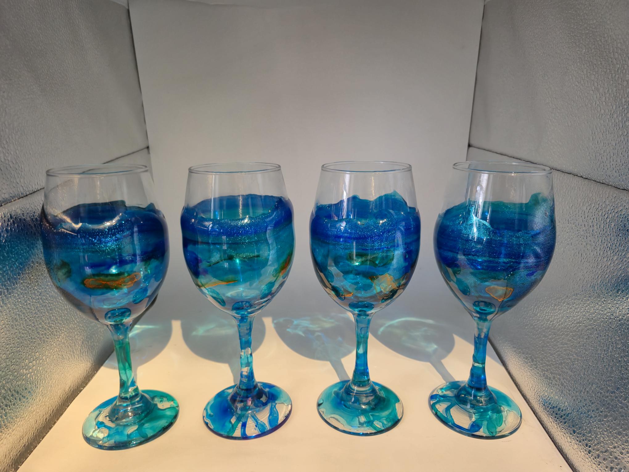 Hand-Painted Blue Wine Glass Set