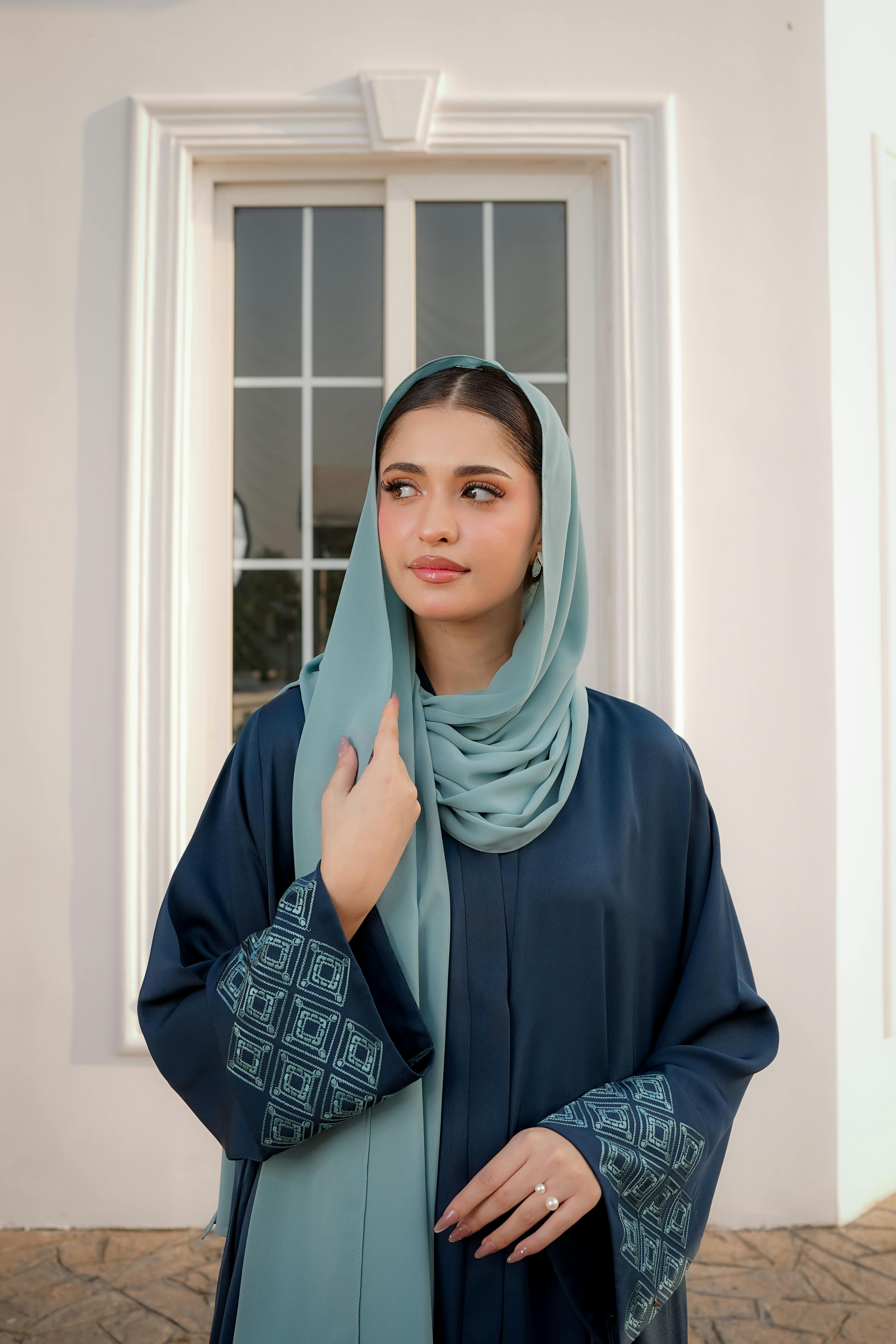 Elegant Navy Abaya with Embroidered Sleeves