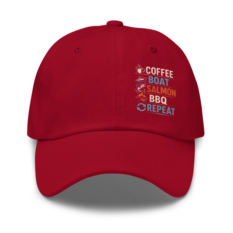 Coffee Boat Salmon BBQ Repeat Dad Hat – Fish Gear Crew