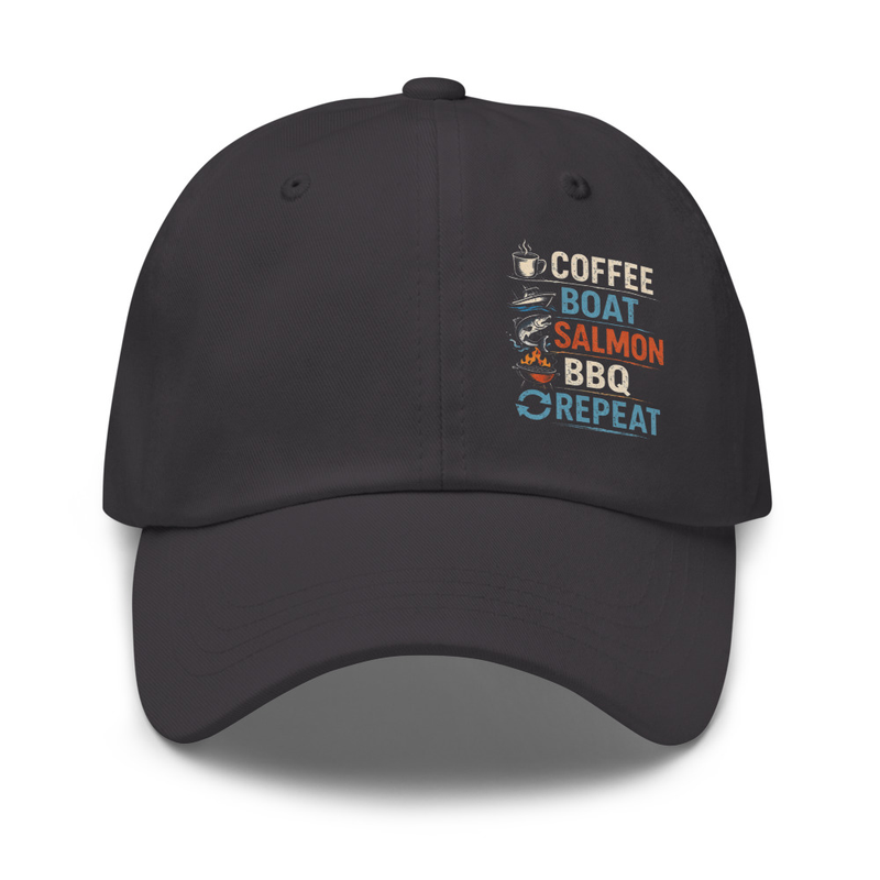 Coffee Boat Salmon BBQ Repeat Dad Hat – Fish Gear Crew