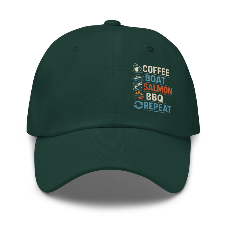 Coffee Boat Salmon BBQ Repeat Dad Hat – Fish Gear Crew