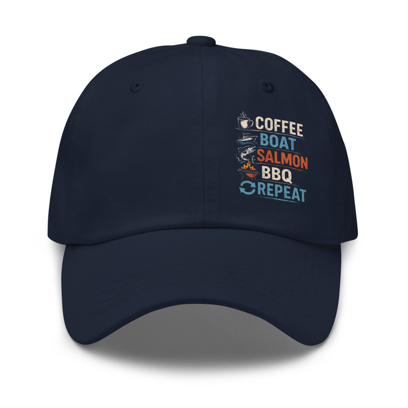 Coffee Boat Salmon BBQ Repeat Dad Hat – Fish Gear Crew