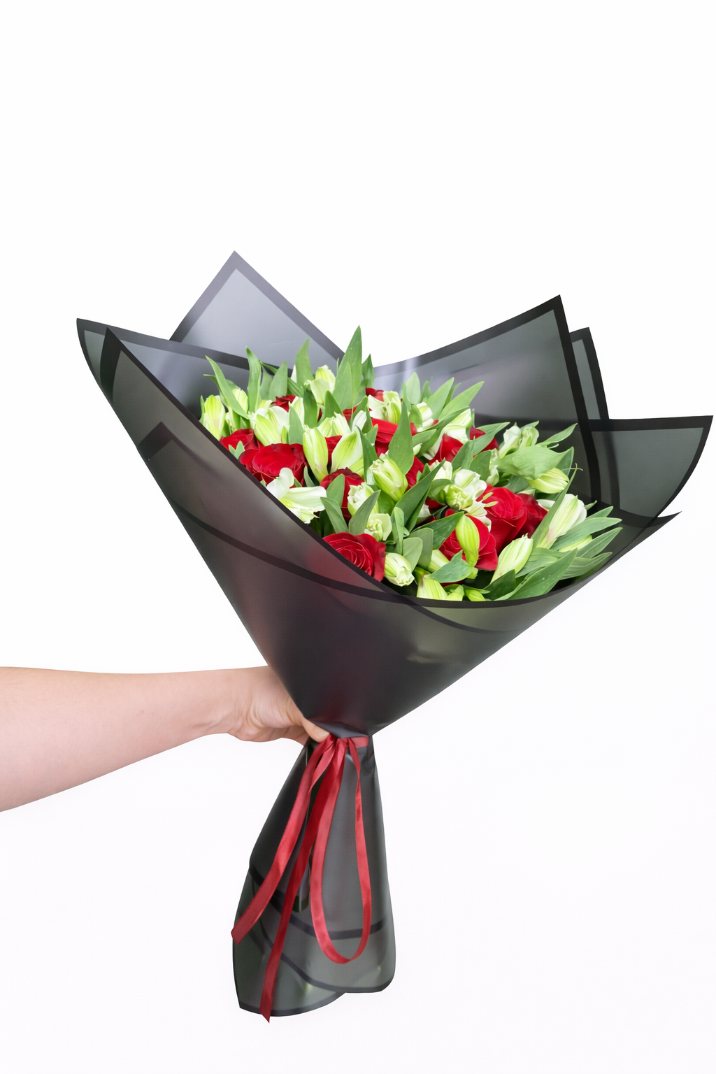 Bouquet De 24 Rosas Rojas Con Alstromerias