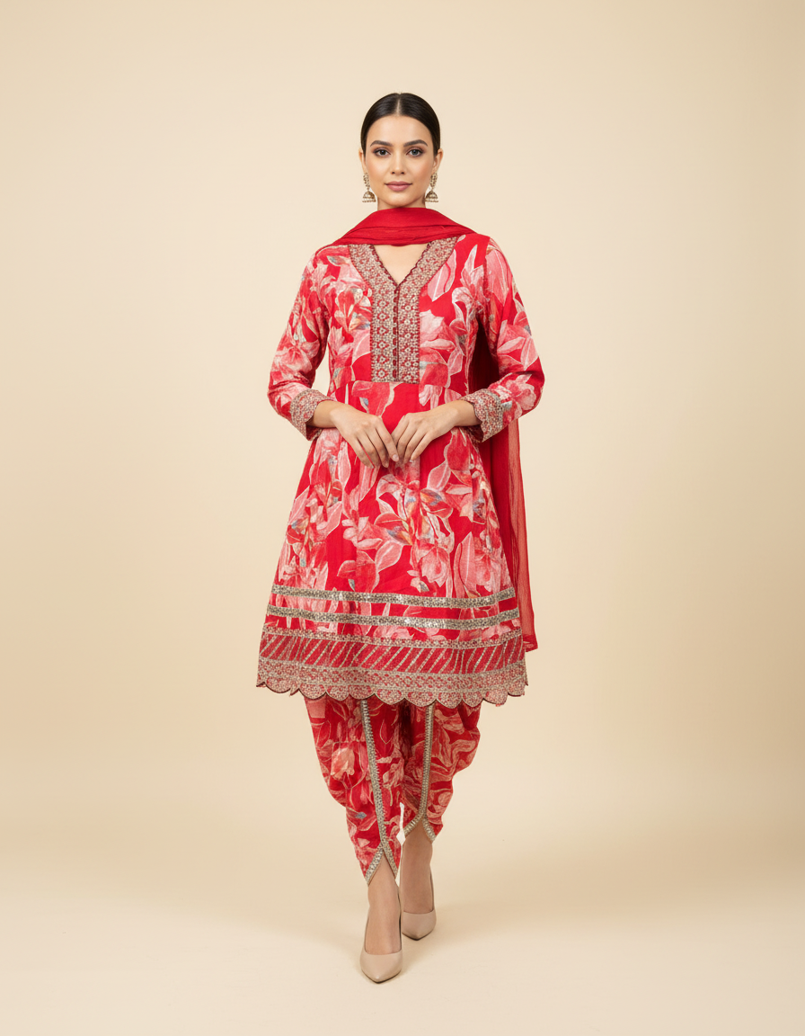 Red Floral Printed Suit Set