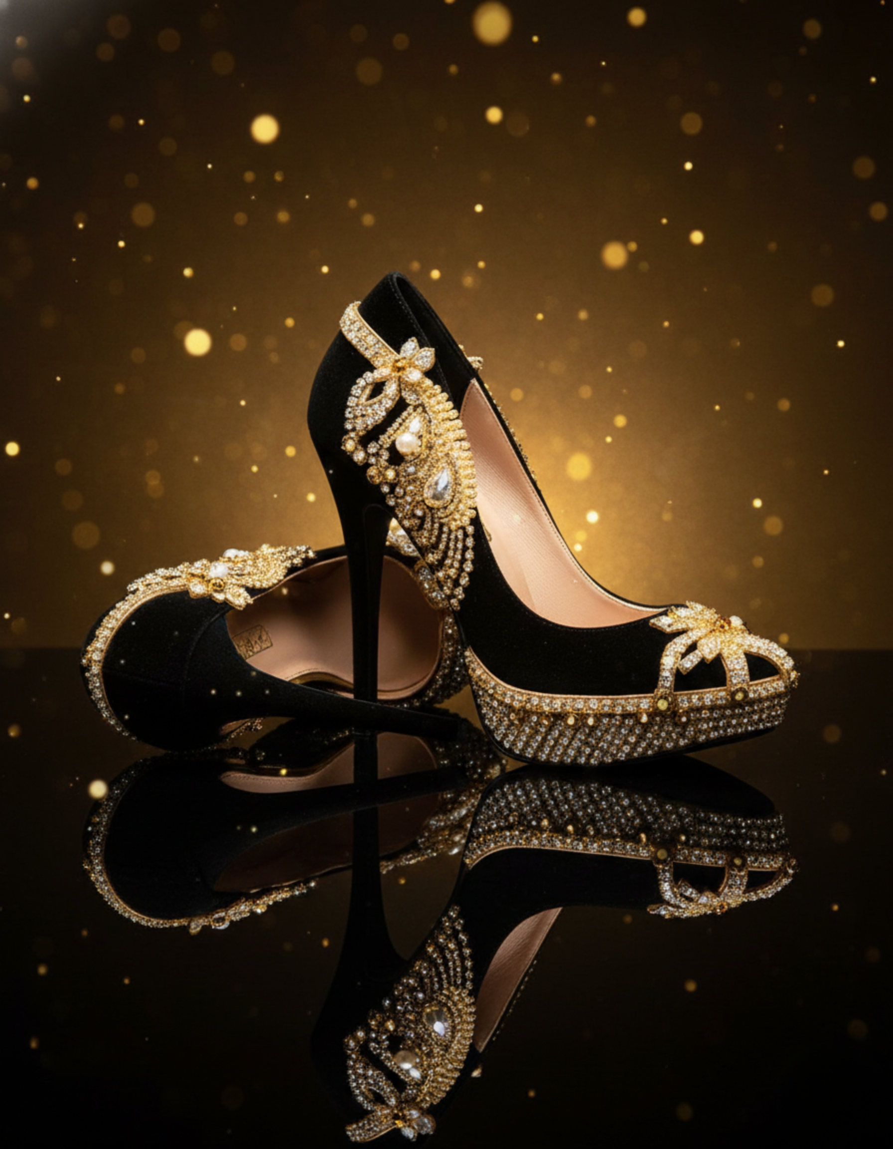 Embellished Gold Black High Heels