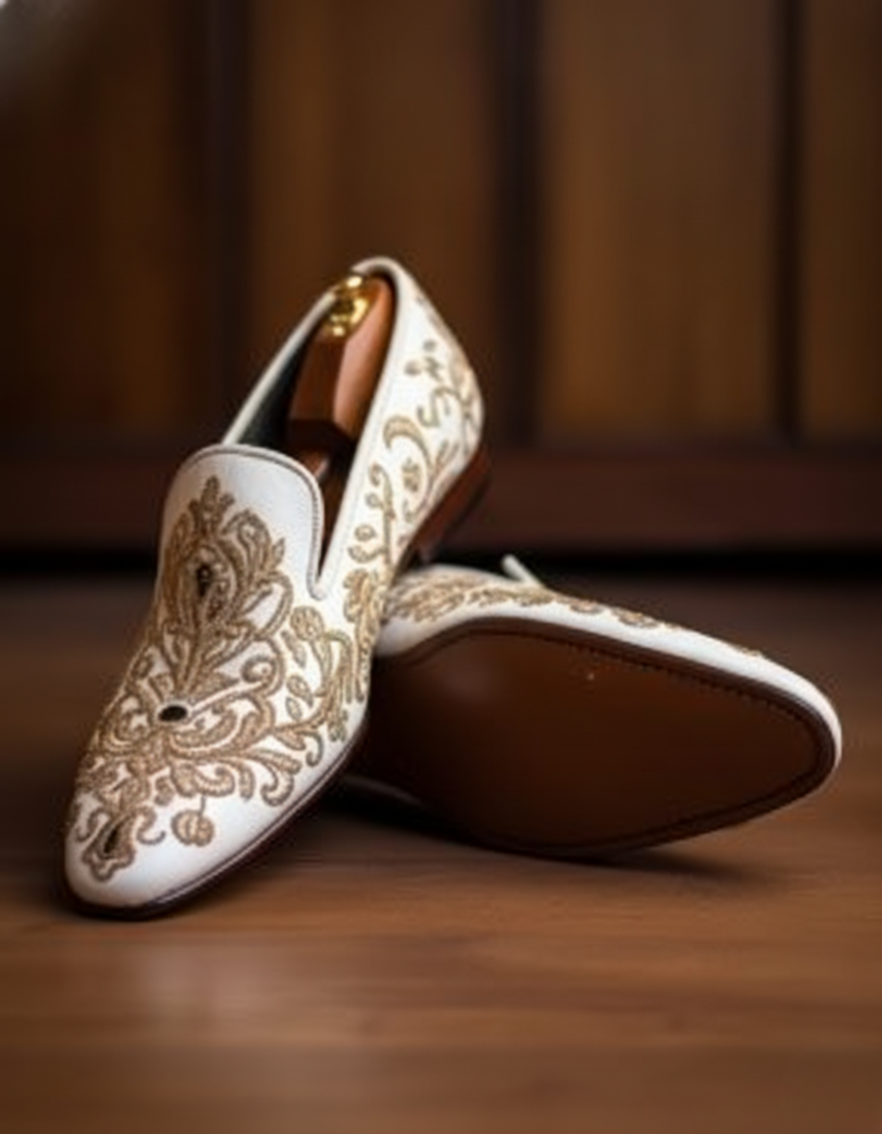Gold Embroidered White Loafers