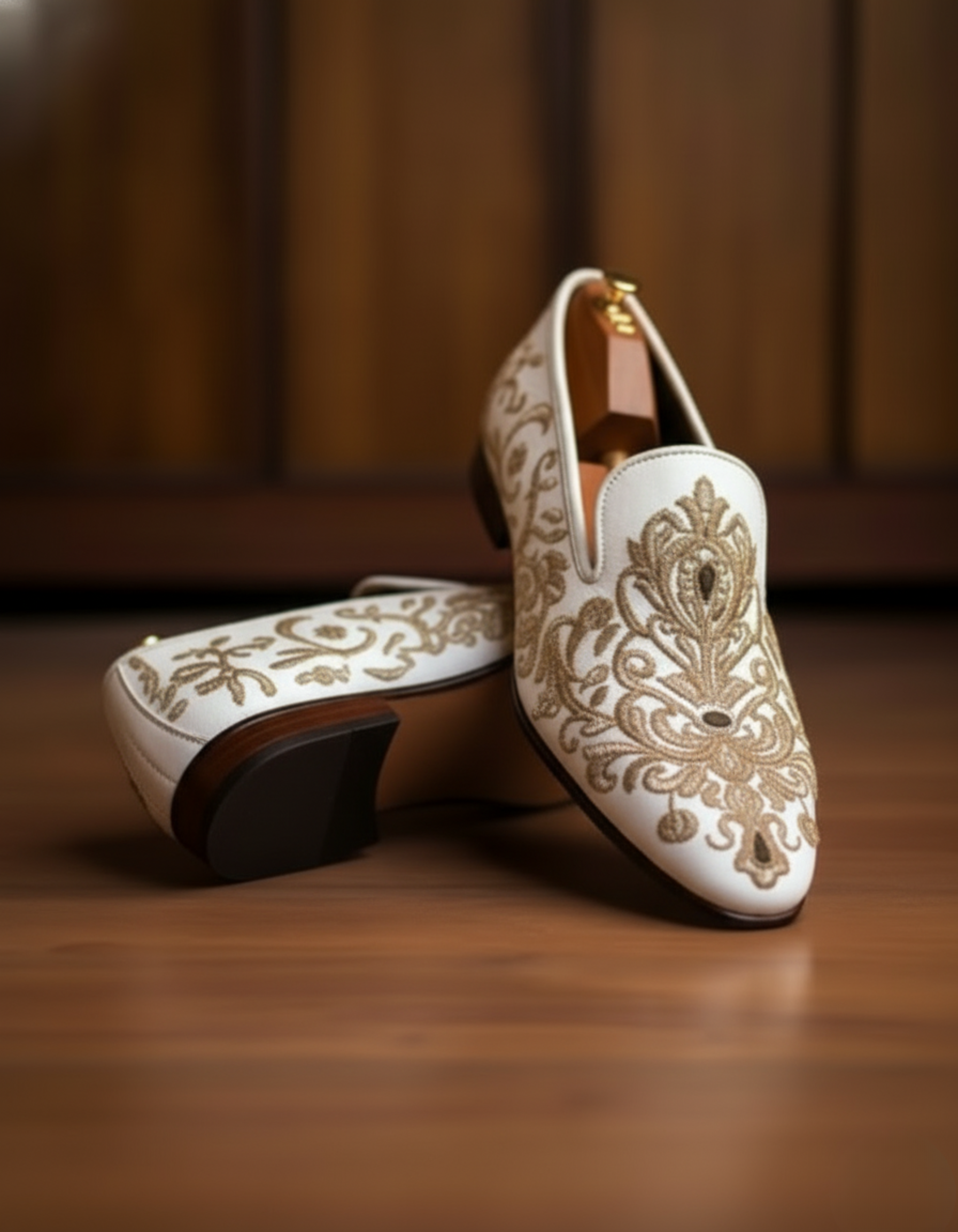 Gold Embroidered White Loafers