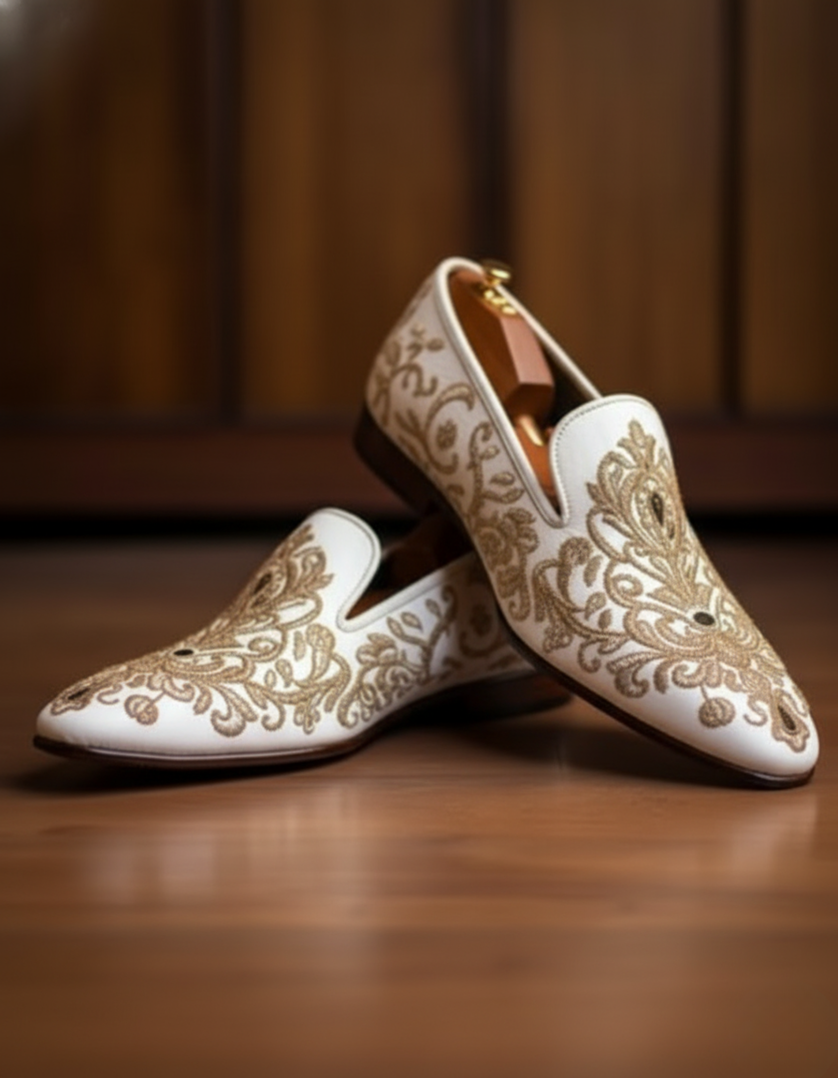 Gold Embroidered White Loafers