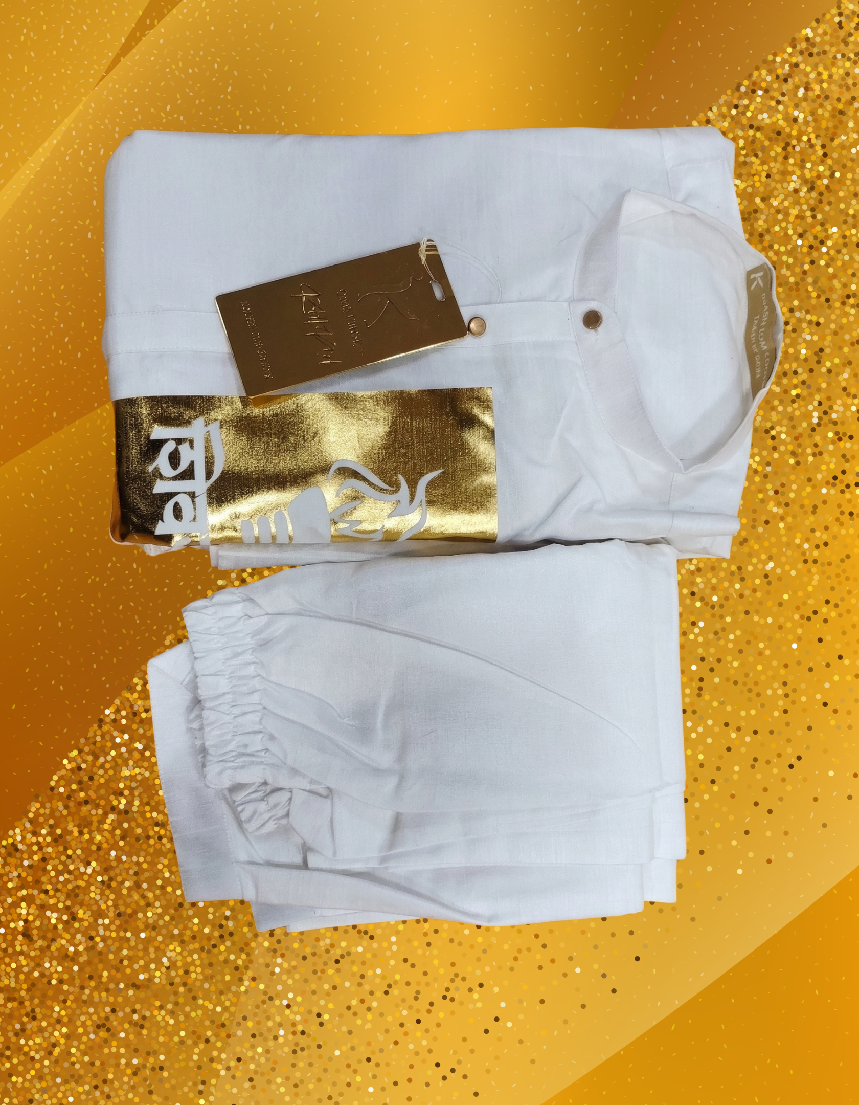 White Cotton Gold Kurta Set
