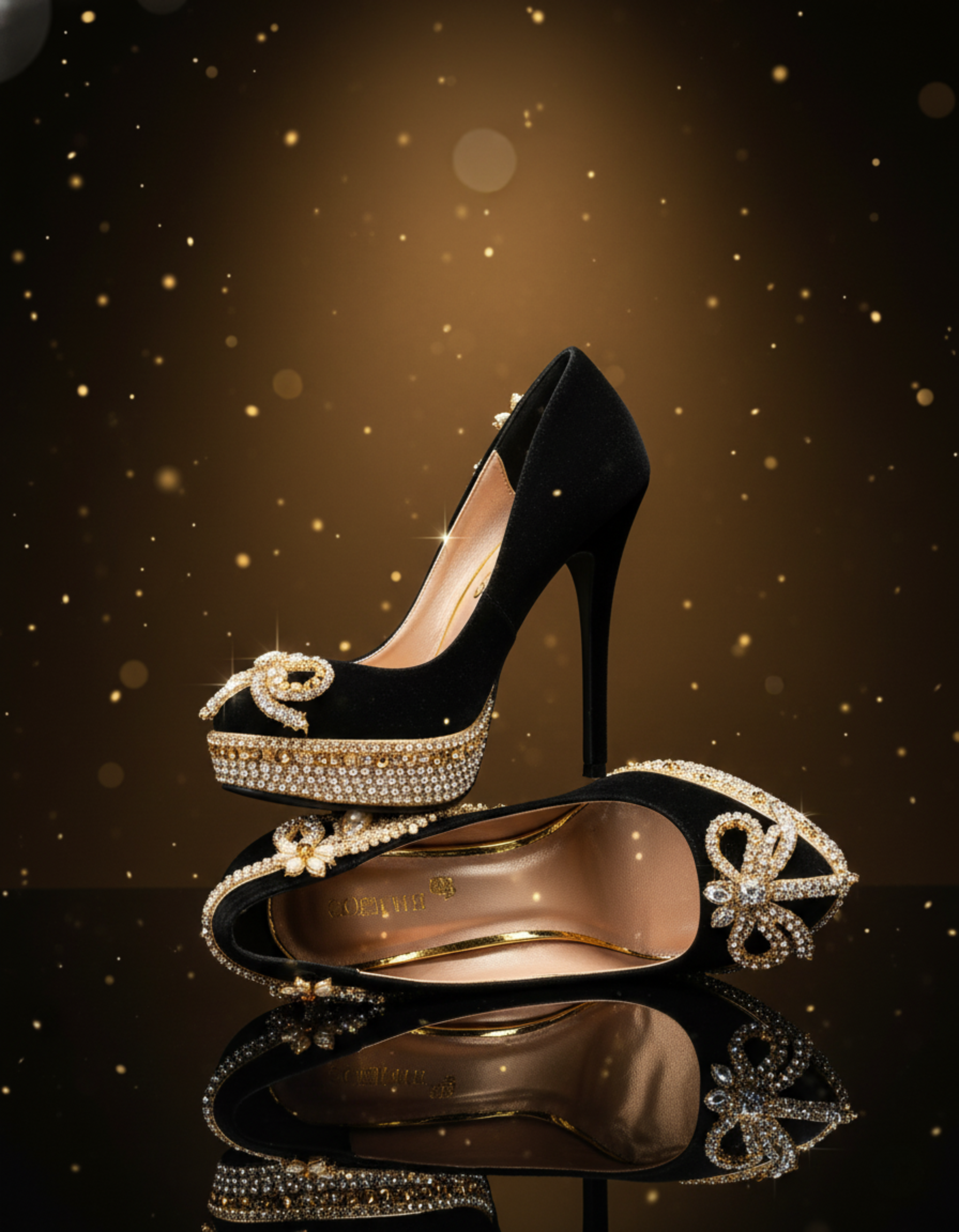 Embellished Gold Black High Heels