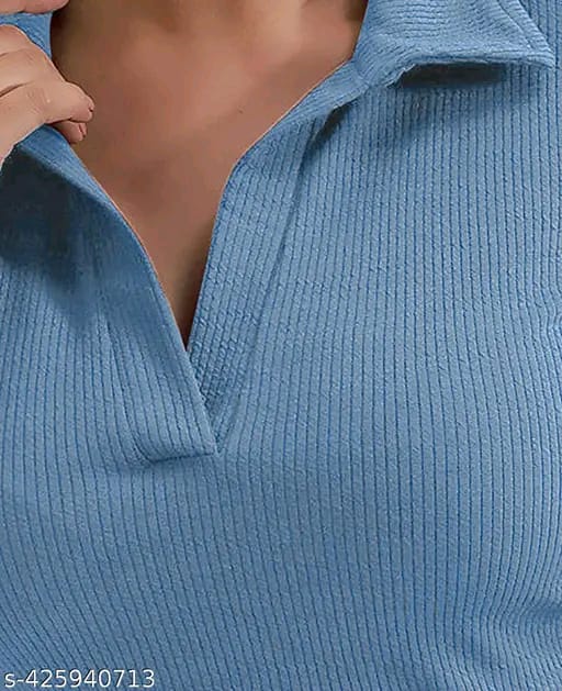 Blue Ribbed Collar Top
