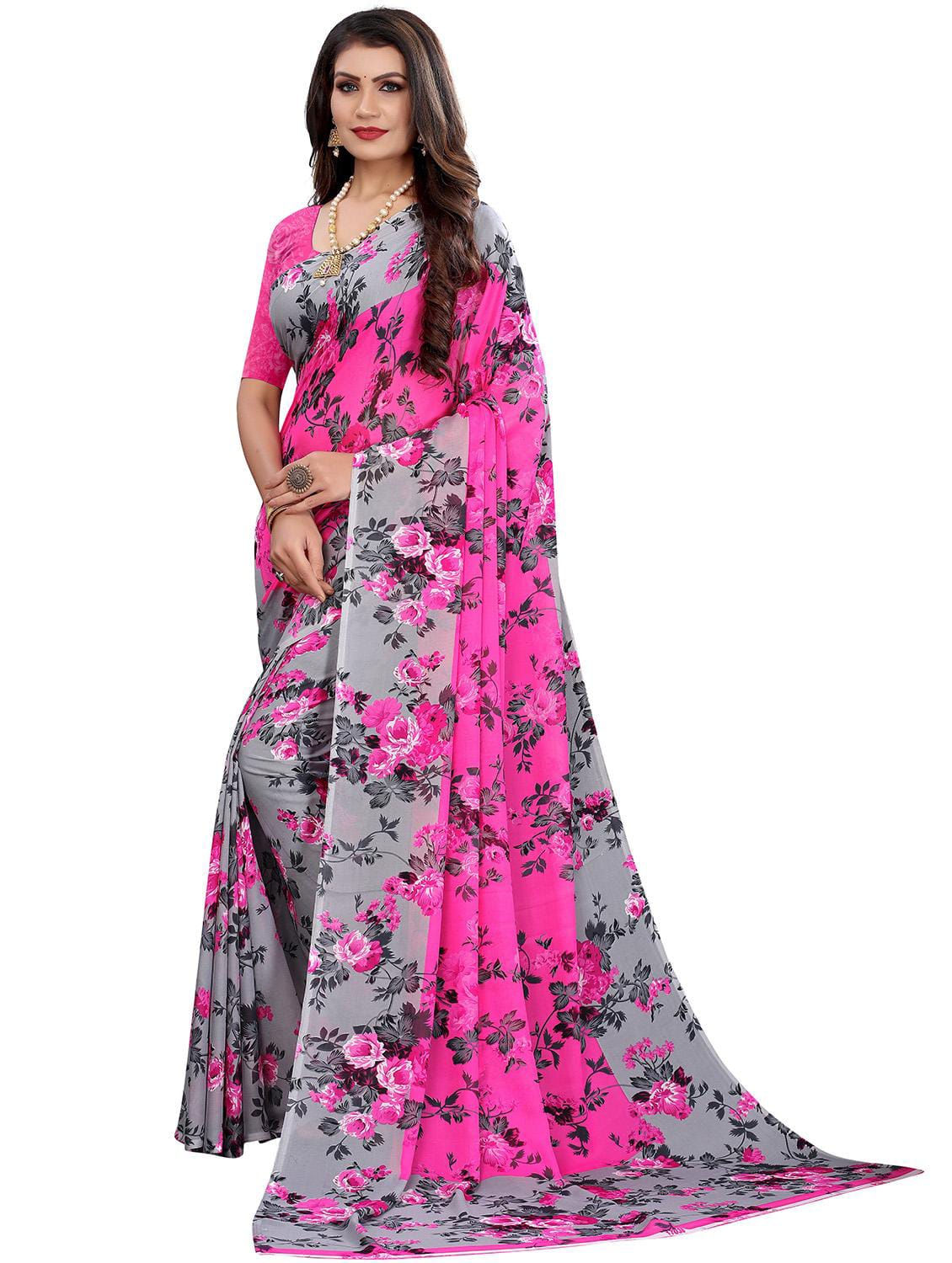 Pink Floral Printed Saree