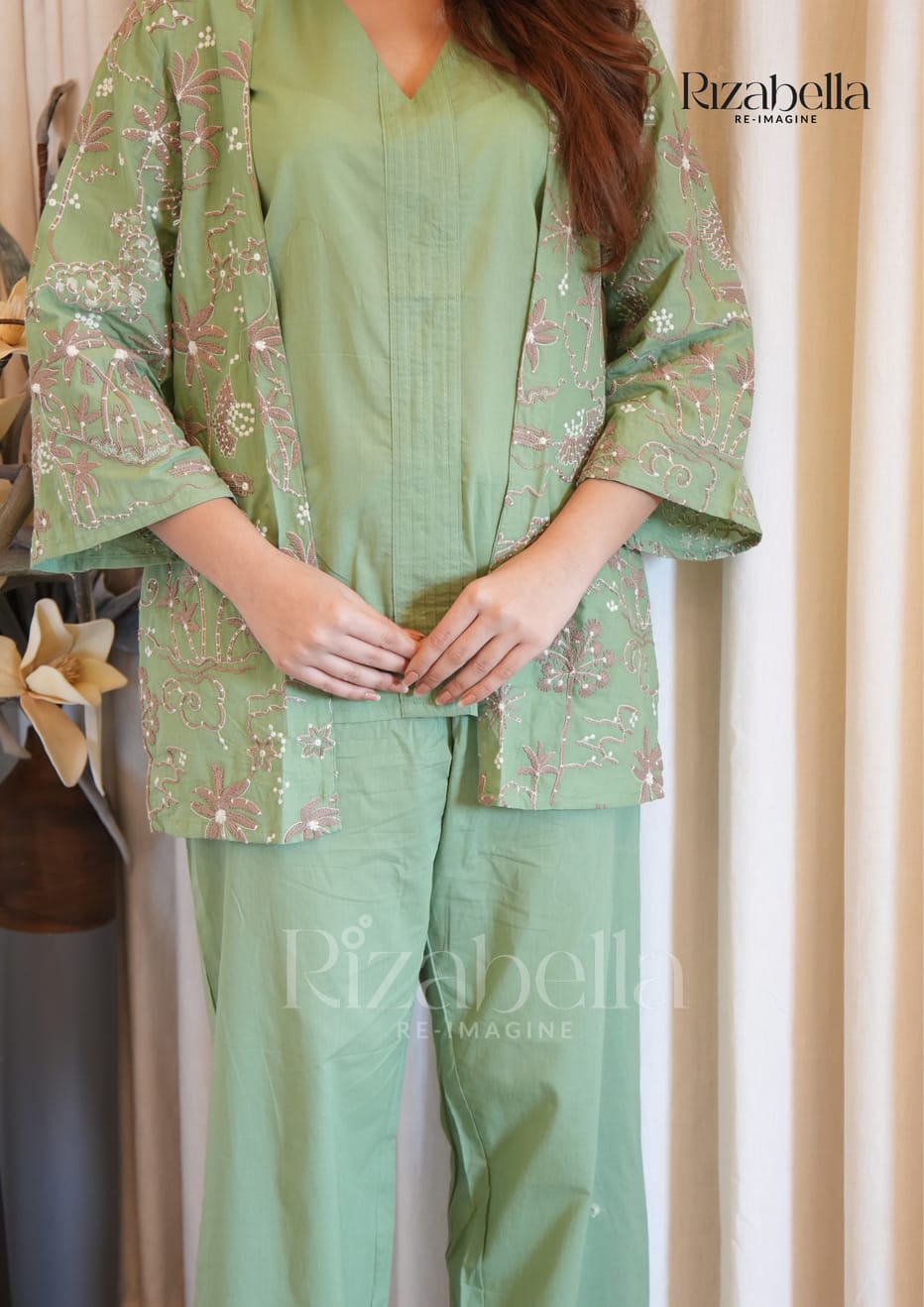 Embroidered Sage Green Three-Piece Set