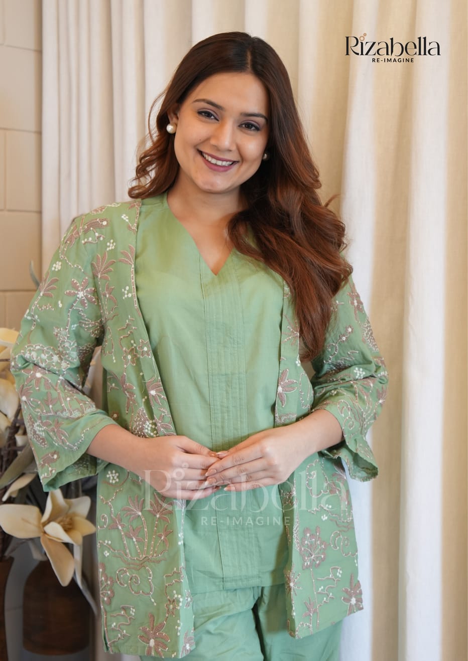 Embroidered Sage Green Three-Piece Set