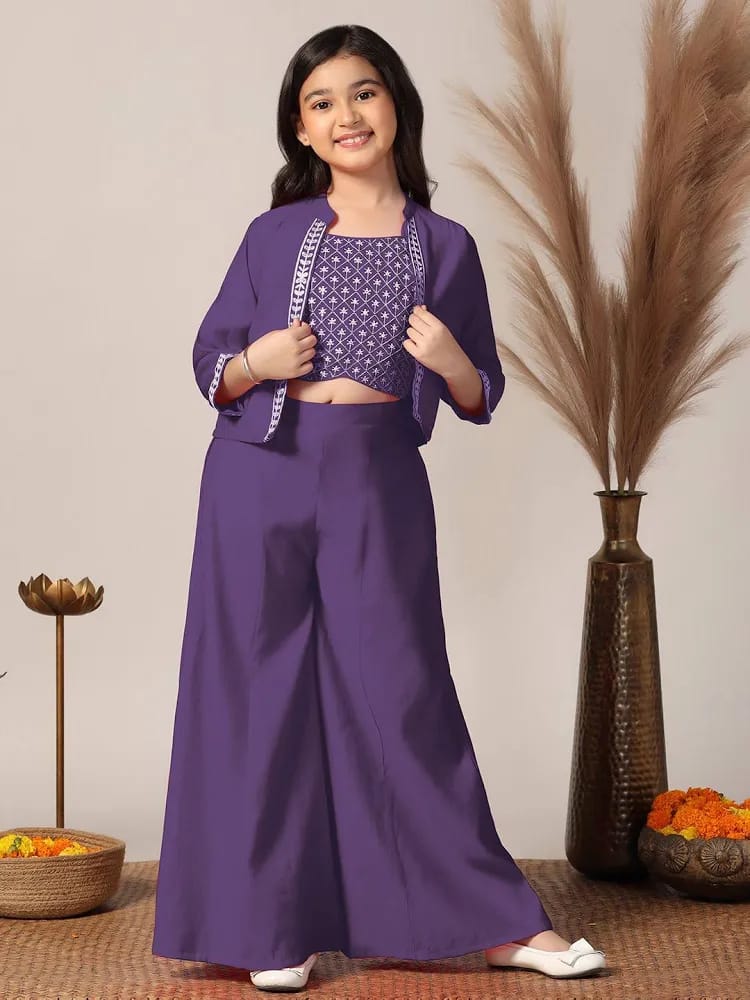 Girls Embroidered Purple Kurta Set