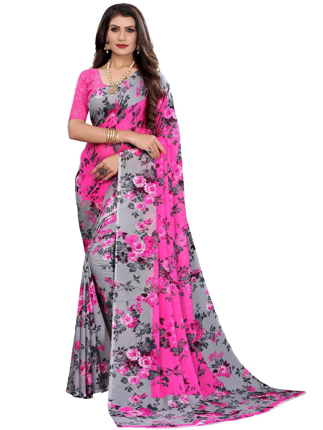 Pink Floral Printed Saree