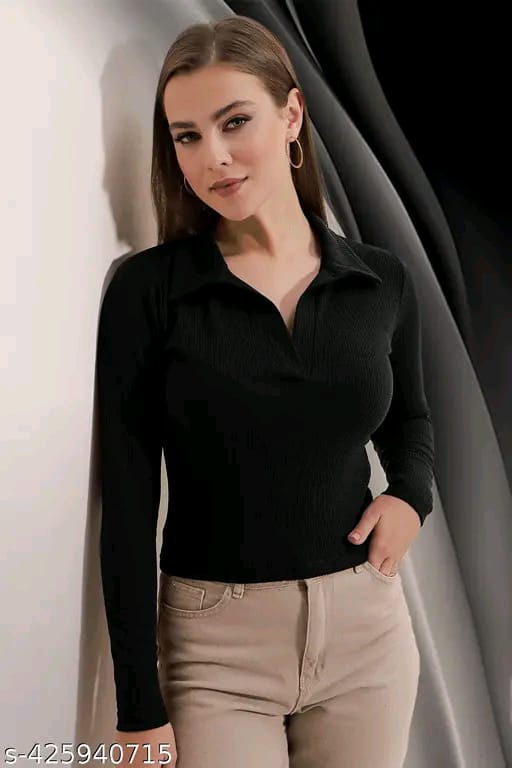 Black Ribbed Slim Fit Top