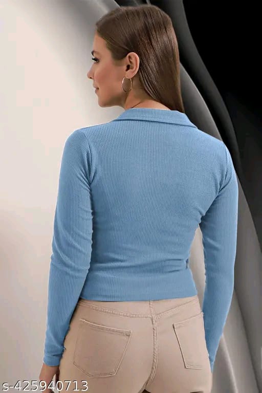 Blue Ribbed Collar Top