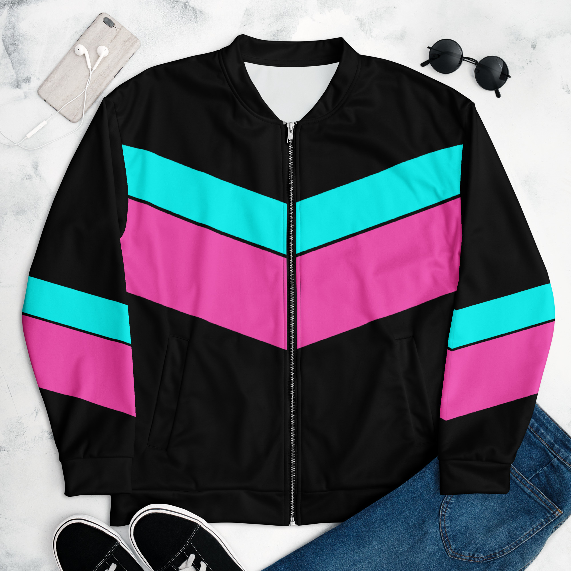 Chevron Teal Magenta 80s Unisex Bomber Jacket