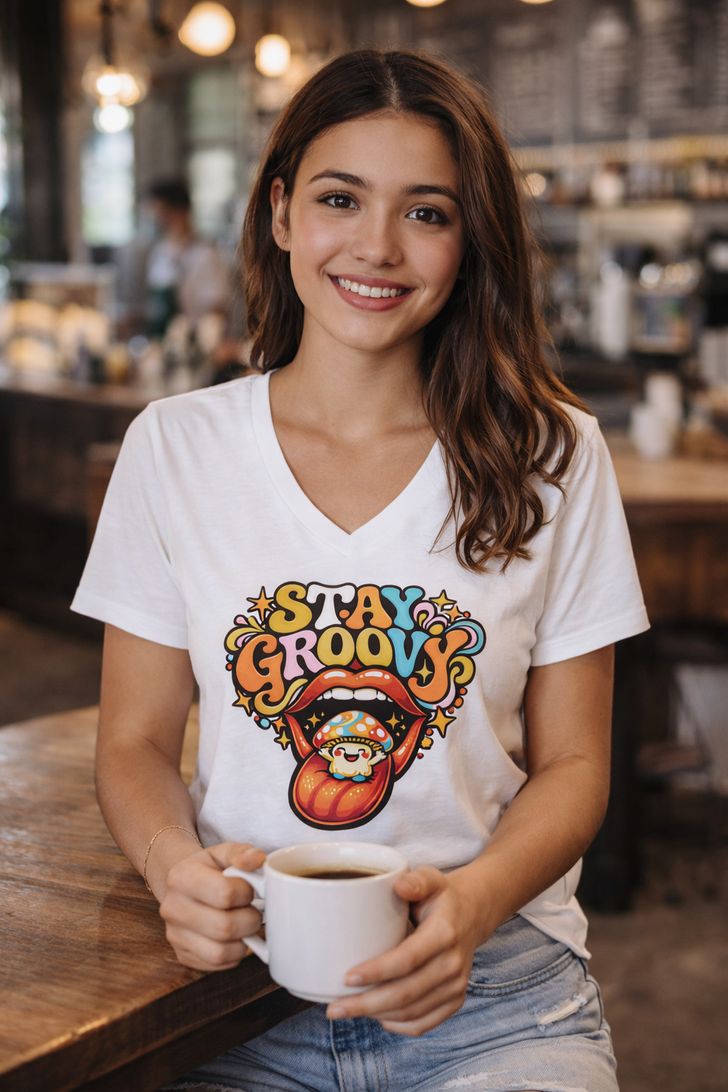 Stay Groovy Retro Mushroom V-Neck Tee – Women’s Relaxed Fit Graphic T-Shirt