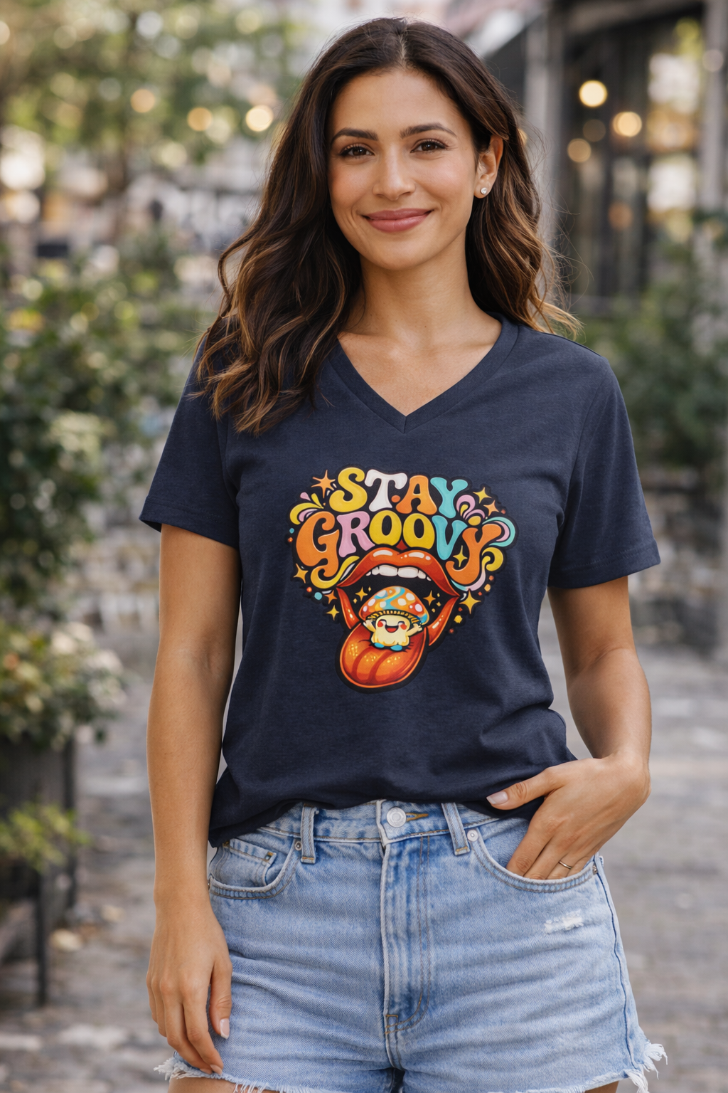 Stay Groovy Retro Mushroom V-Neck Tee – Women’s Relaxed Fit Graphic T-Shirt