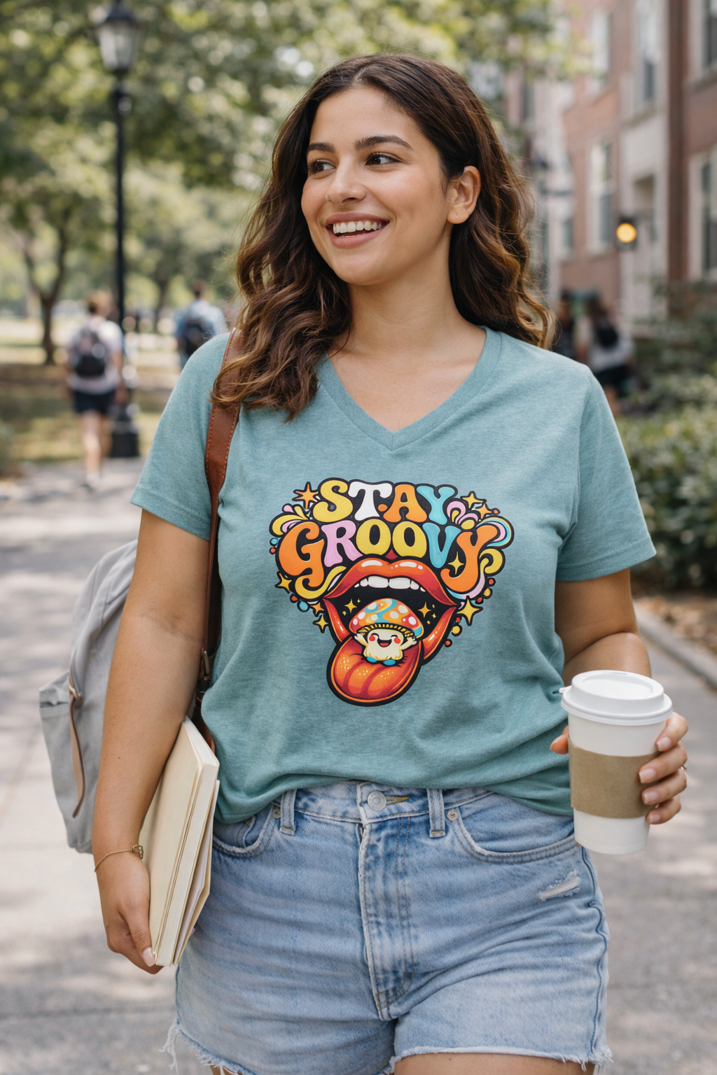 Stay Groovy Retro Mushroom V-Neck Tee – Women’s Relaxed Fit Graphic T-Shirt