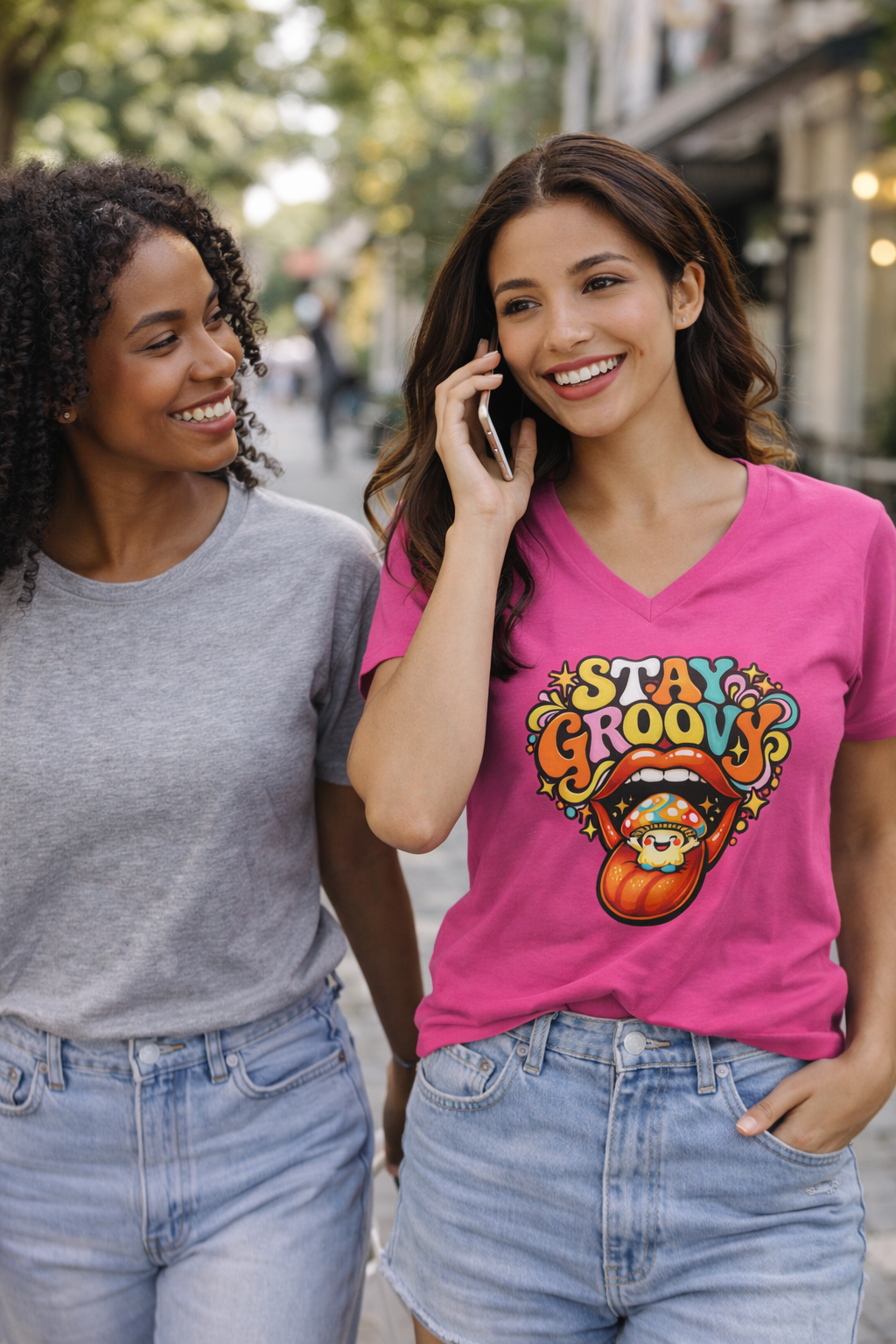 Stay Groovy Retro Mushroom V-Neck Tee – Women’s Relaxed Fit Graphic T-Shirt