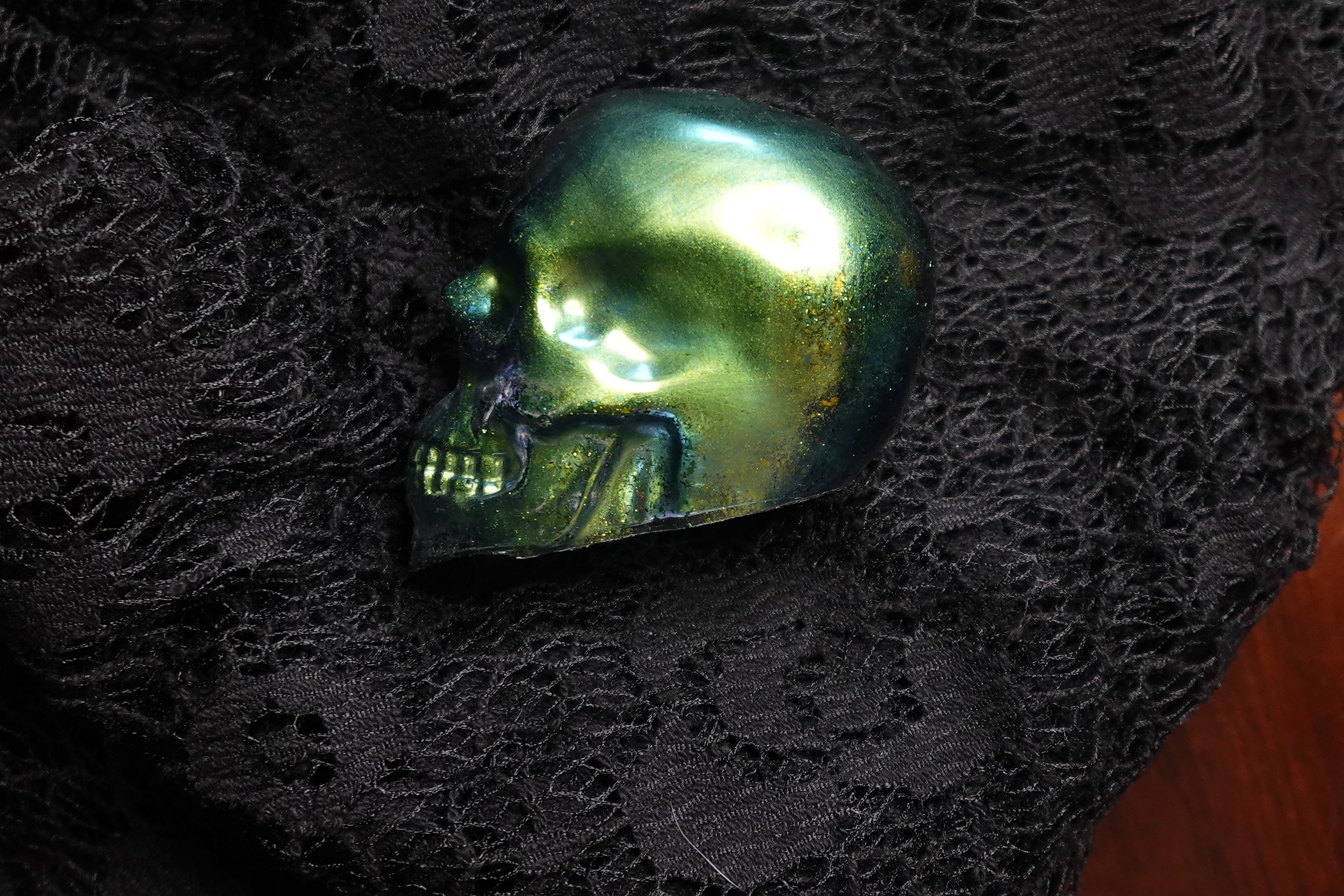 Medium Sized Resin Metallic Green Skull