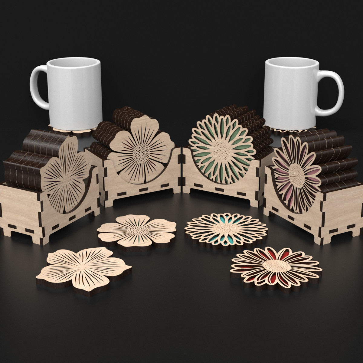 Wooden Floral Coaster Set