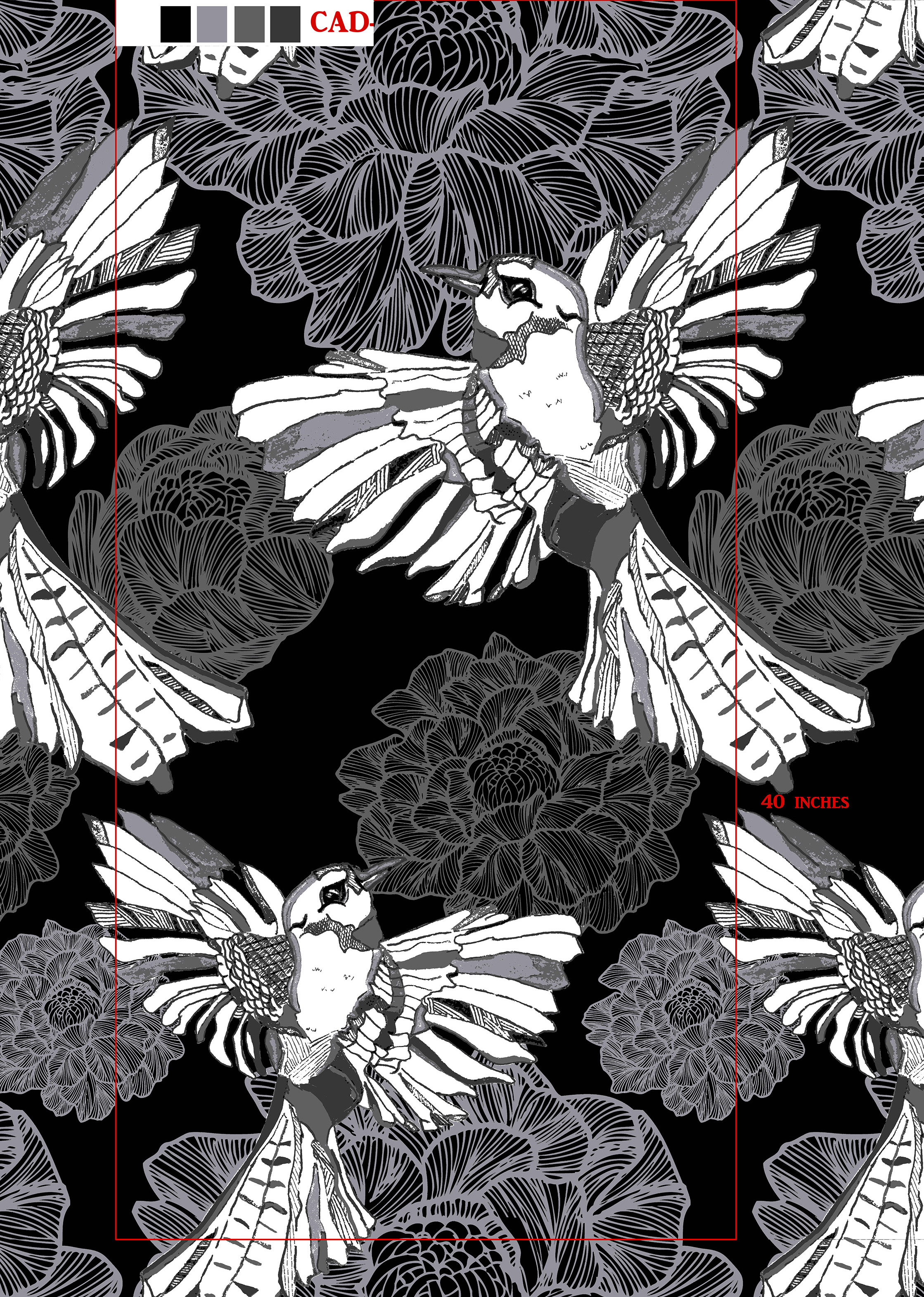 Monochrome Bird & Floral Digital Pattern